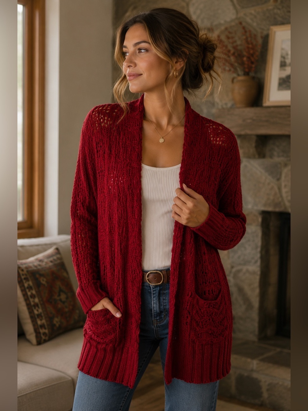 Lucky Brand Red Boho Knit Open Front Cardigan Size XS Cozy Layering Fall